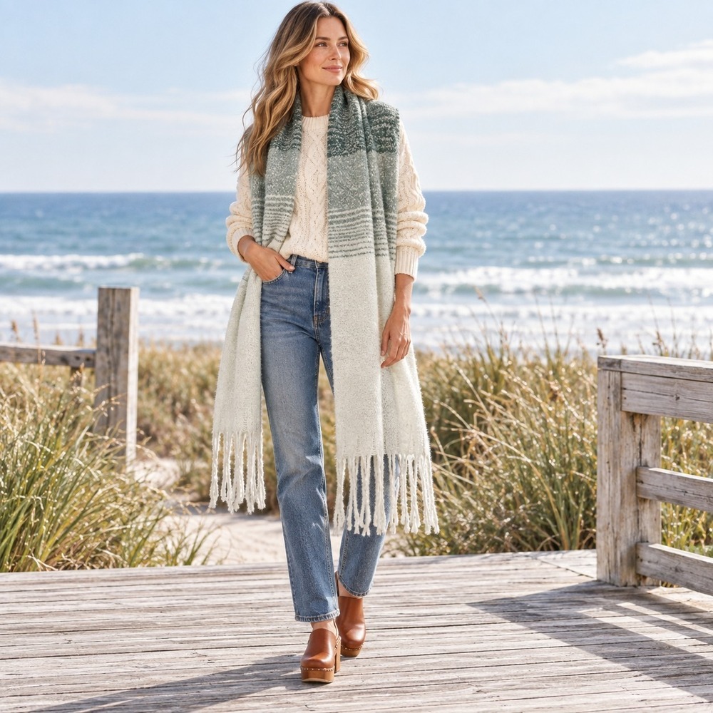 MerSea & Co Oversized Cozy Wrap Scarf Teal Ombre Fringe Travel Coastal Cozycore